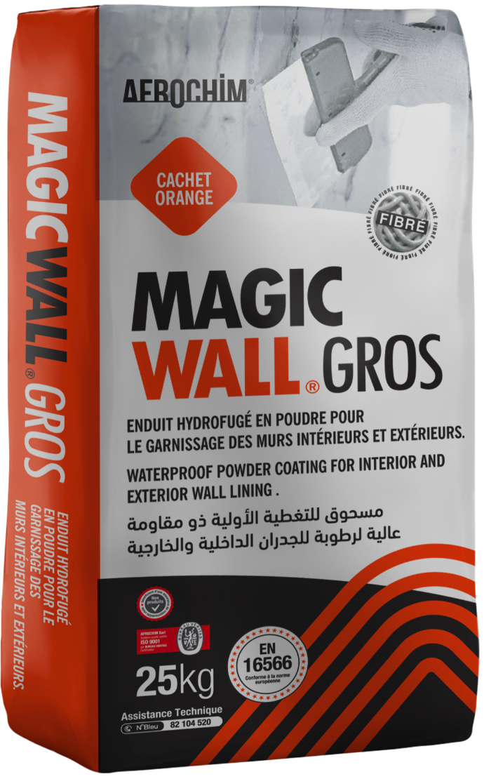 Magic Wall Gros Enduit de garnissage extérieur conforme à la norme européenne EN 16566 Enduit de garnissage en poudre, hydrofugé, prêt à l’emploi à base de liant hydraulique, de charges et des adjuvants spéciaux à appliquer en extérieur