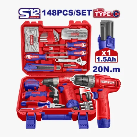 VALISE D’OUTILS+VISSEUCE 12V 148P EMTOP EEDK14801