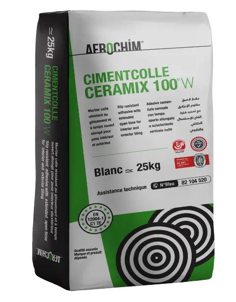 Ceramix® 100W Mortier colle classé C1 TE selon la norme européenne EN 12004-1  Mortier colle résistant au glissement et à temps ouvert allongé destiné au collage intérieur et extérieur en sols et murs.
