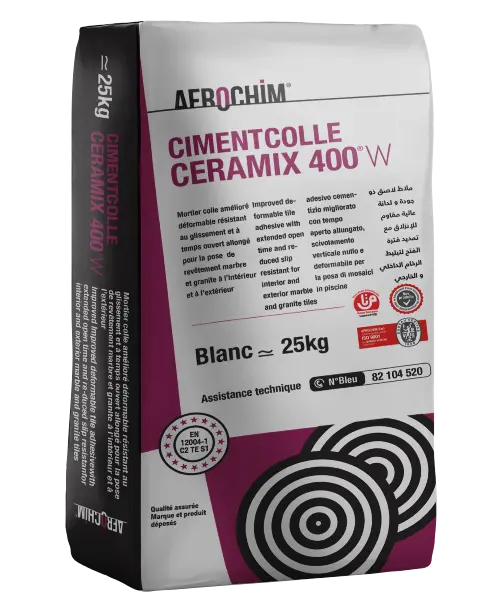 Ceramix® 400W Mortier colle classé C2 TE S1 selon la norme européenne EN 12004-1  Mortier colle déformable de haute performance, résistant au glissement et à temps ouvert allongé destiné au collage du marbres