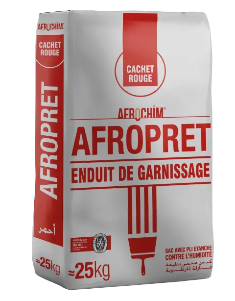 Afropret Cachet Rouge Enduit en poudre pour garnissage, et réparation en intérieur  enduit garnissant en poudre à base de liant minéral, de charges et d'adjuvants spéciaux.