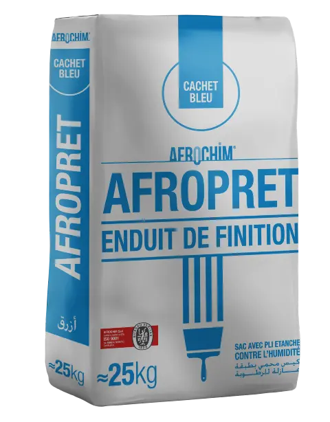 Afropret Cachet Bleu Enduit de finition en poudre pour les murs intérieurs et les plafonds  enduit de finition en poudre à base de liant minéral, de charges et d’adjuvants spéciaux.
