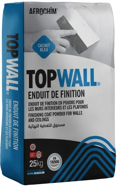 Topwall Cachet Bleu Enduit de finition conforme à la norme européenne EN 16566  Enduit de finition en poudre à base de liant minéral, de charges et des adjuvants spéciaux.