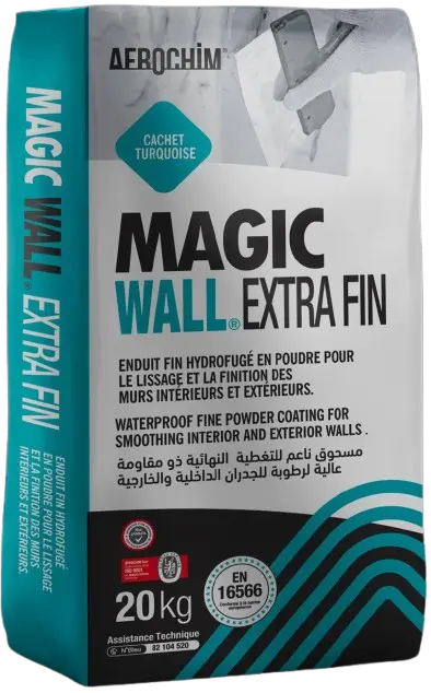 Magic Wall Extra Fin Enduit fin de lissage conforme à la norme européenne EN 16566  Enduit très fin hydrofugé en poudre pour le lissage et la finition des murs intérieurs et extérieurs.