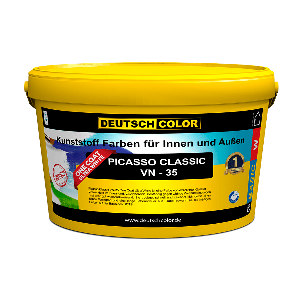 PICASSO CLASSIC VN- 35 ULTRA WHITE Peinture plastique de qualité supérieure produite avec la technologie “One Coat” la plus avancée, offrant une résistance élevée aux lavages fréquents et des propriétés couvrantes supérieures, à base d’émulsion PVA-VEOVA