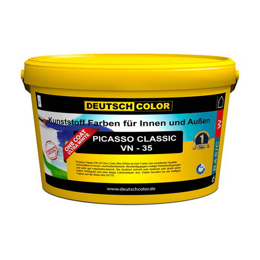 PICASSO CLASSIC VN- 35 ULTRA WHITE Peinture plastique de qualité supérieure produite avec la technologie “One Coat” la plus avancée, offrant une résistance élevée aux lavages fréquents et des propriétés couvrantes supérieures, à base d’émulsion PVA-VEOVA