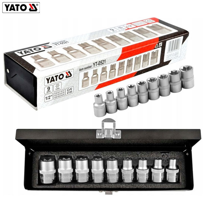 COFFRET CLE A DOUILLE TORX 1/2" CR-V 9PCS E10/E11/E12/E14/E16/E18/E20/E22/E24 L38MM YT-0521 YATO